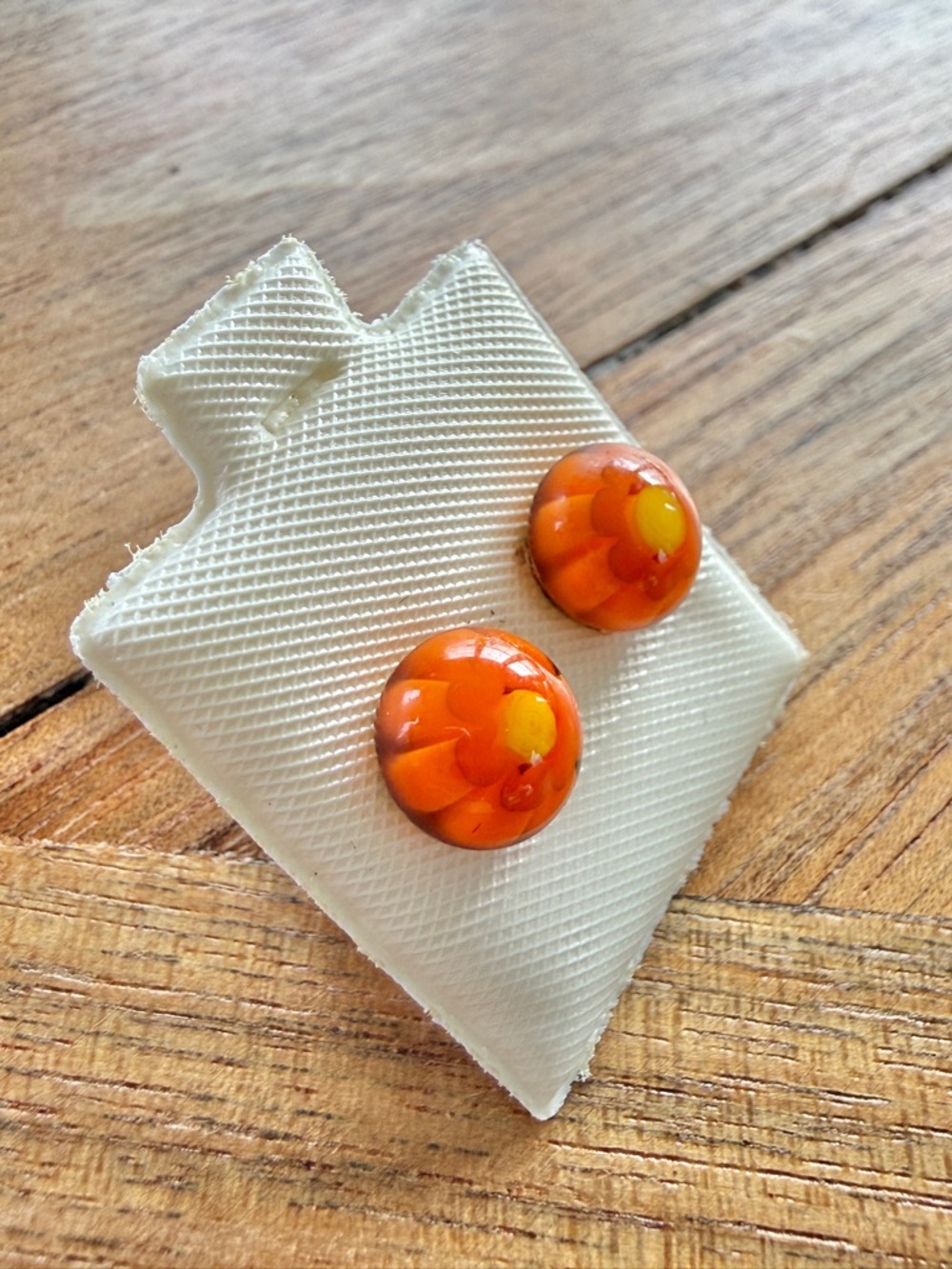 Vintage Y2K Millefiori Glass Stud Earrings Orange Yellow Floral Small Round NWT - Picture 2 of 4
